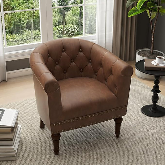 UIXE PU Leather Barrel Accent Chair, Modern Club Chair Upholstered Armchair for Living Room, Nailed Trim Arm Chair Comfy Single Sofa Bedroom Reading Seat, Brown