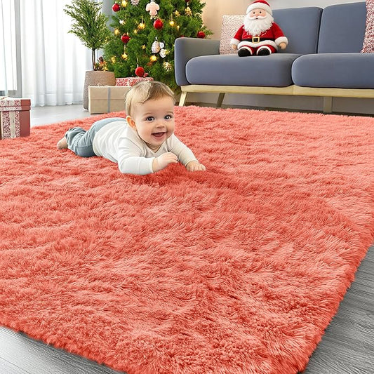 OLANLY Area Rugs for Living Room Bedroom, Machine Washable 4x5.9 ft Soft Fluffy Shaggy Bedside Rug, Indoor Floor Carpet for Kids Girls and Boys, Dorms, Nursery Rooms, Home Decor Aesthetic, Coral Red