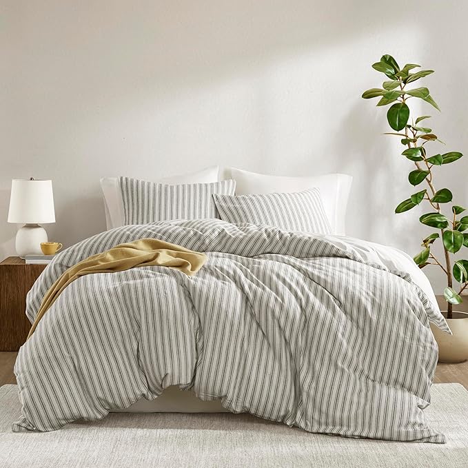 Madison Park Duvet Cover Set for Hot Sleepers - Linen Cotton Rayon Blend, Cal King Size 3 Piece Set with Shams - Lightweight & Breathable Bedding, Grey Striped Design