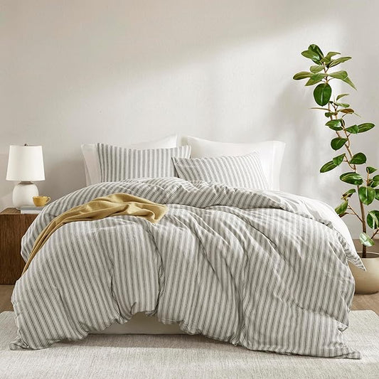 Madison Park Duvet Cover Set for Hot Sleepers - Linen Cotton Rayon Blend, Cal King Size 3 Piece Set with Shams - Lightweight & Breathable Bedding, Grey Striped Design