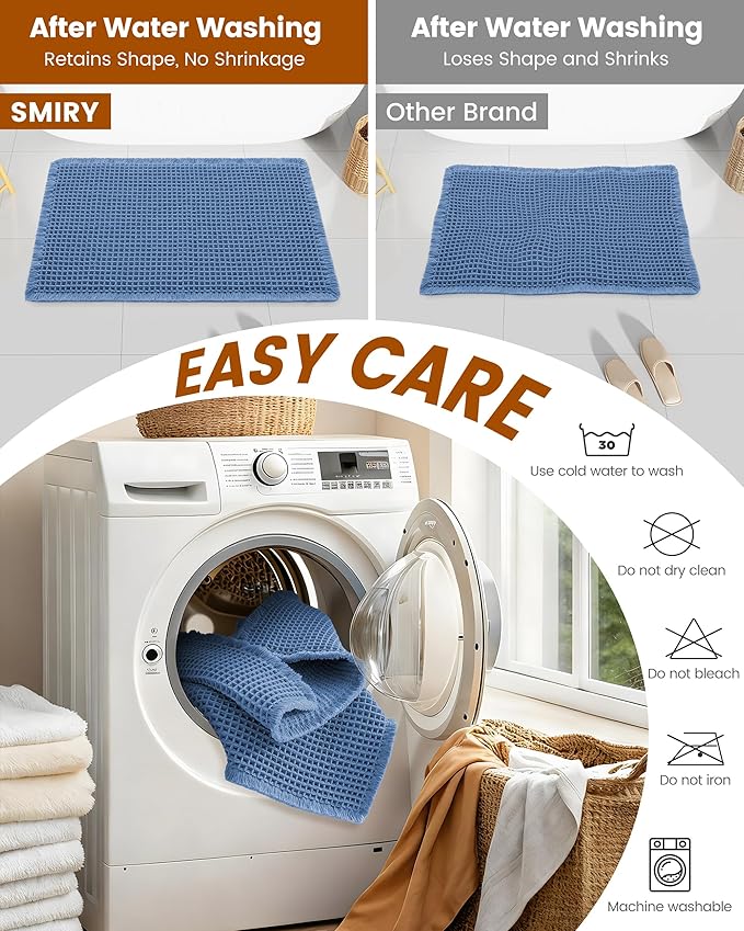 Smiry Waffle Bath Mat 30x18, Extra Soft Absorbent Bathroom Rugs, Non Slip Machine Washable Quick Dry Bath Rugs for Bathroom Floor, Tub, Shower, Home Decor Accessories, Blue