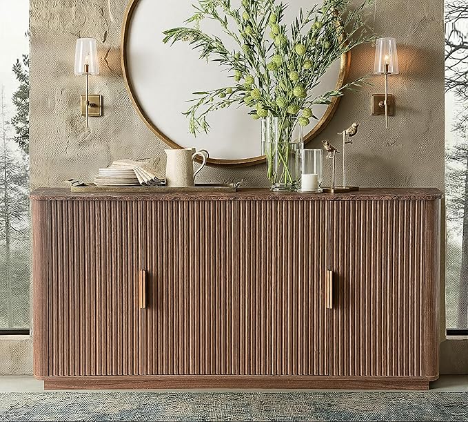 win2win 63" Fluted Sideboard Buffet Cabinet with Faux Marble Top, Mid Century Modern Credenza with Storage, Wood Media TV Console Accent Cabinet for Living Room Kitchen Hallway, Walnut