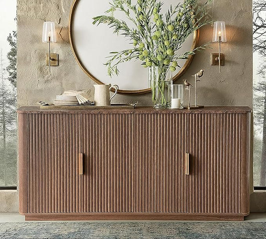 win2win 63" Fluted Sideboard Buffet Cabinet with Faux Marble Top, Mid Century Modern Credenza with Storage, Wood Media TV Console Accent Cabinet for Living Room Kitchen Hallway, Walnut