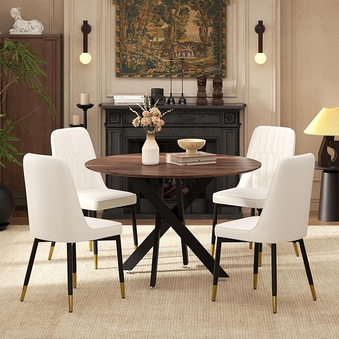 RGZ Mid Century Walnut Round Dining Table Set for 4, 36" Small Wooden Circle Kitchen Table & 4 White PU Leather Kitchen Chairs, Dinner Table Set for Home, Apartment, Dining Room