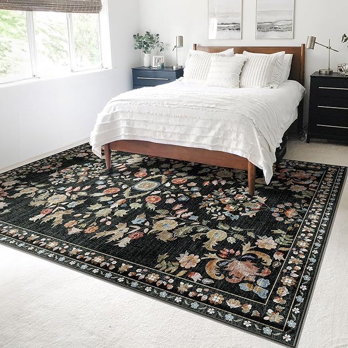 MUJOO Black Rug 6x9,Washable Floral Rugs for Living Room Bedroom Dining Room,Boho Indoor Floor Rug Large Non Slip Throw Carpet Low Pile Vintage