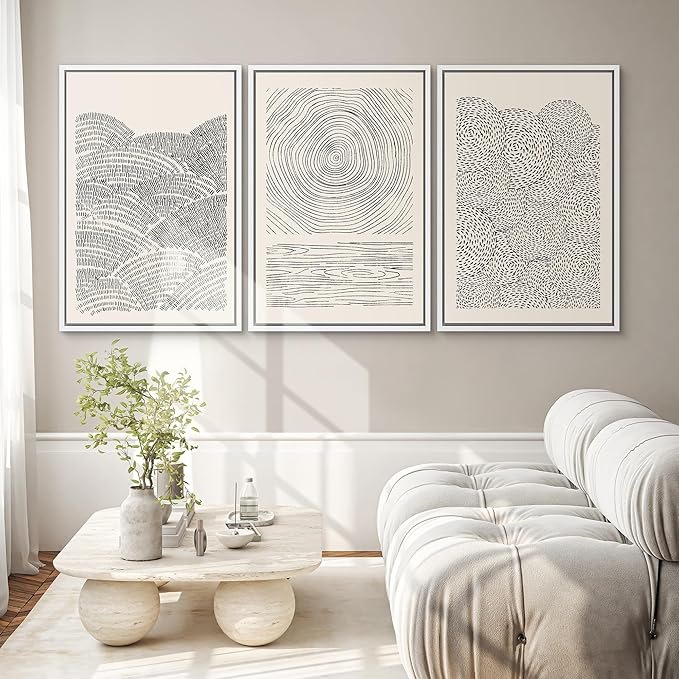 SIGNWIN Framed Canvas Print Wall Art Set Geometric Spiral Ring Wave Pattern Abstract Shapes Cozy Neutral Modern Art Decorative Contemporary Minimal for Living Room, Bedroom, Office - 24"x36"x3 White
