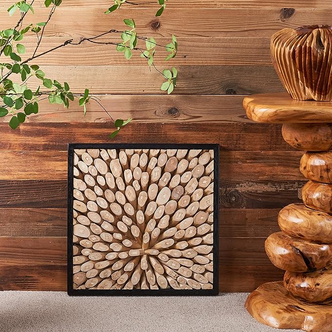 Warmaxx Rustic Teak Wood Framed Wall Decor 17''x17 Farmhouse Wall Art Aesthetic Christmas Decoration Home Living Room Bedroom Office Handmade Square Wooden Branch Collage Section