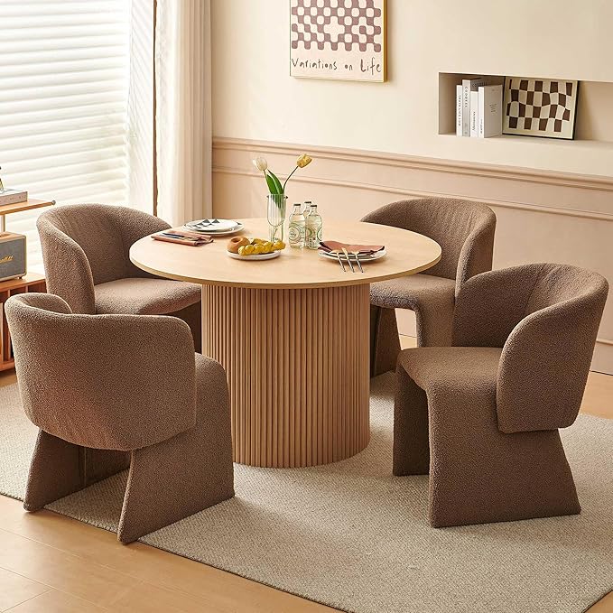 NORDICANA 5-Piece Round Dining Table Set for 4, Rustic 47-Inch Kitchen Table and Chair Set, Dining Set with Brown Upholstered Armchairs, Manufactured Wood Top with Oak Veneer