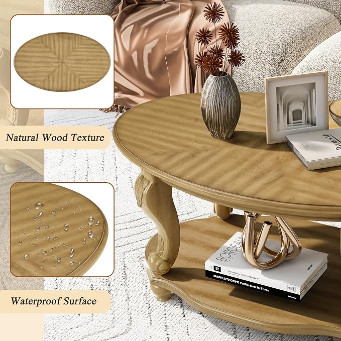42'' Oval Wood Coffee Table for Living Room, Mid Century Farmhouse Round Coffee Tables for Apartment, Easy Assembly Traditional Coffee Table Centre Table Retro Cocktail Table, Antique Natural