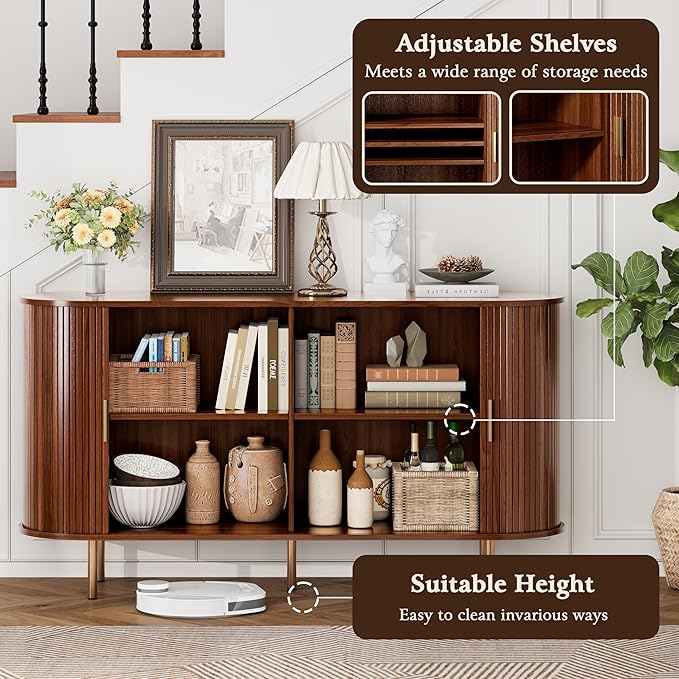 DHH Sideboard Buffet Cabinet with Storage,Mid Century Modern Fluted Accent Coffee Bar Console Table,Tambour Sliding Doors& Adjustable Shelf for Kitchen, Living Room, Entryway(Walnut,55 Inch)