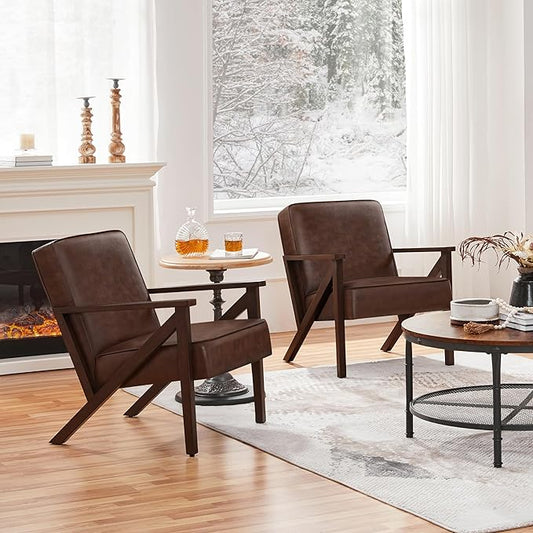 Yaheetech Accent Chair, Armchair with Strong Wood Frame, PU Leather Modern Retro Lounge Chair for Living Room/Lounge/Office/Reception Area, 2 Pieces, Dark Brown