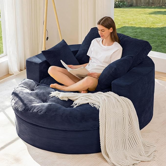MAXYOYO Oversized Round Chaise Lounge Sofa, Upholstered Lounge Chair with 3 Pillows, Boneless Sofa Couch with Ottoman, Deep Seat Chair for Living Room, Bedroom, No Assembly, Navy