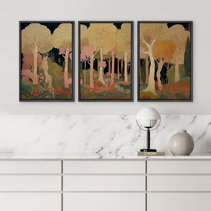 wall26 Framed Print Wall Art Set Art Nouveau Golden Forest Whimsical Vintage Tree and FloralDecorative Minimal Relax/Zen for Living Room, Bedroom, Office - 16"x24"x3 BLACK