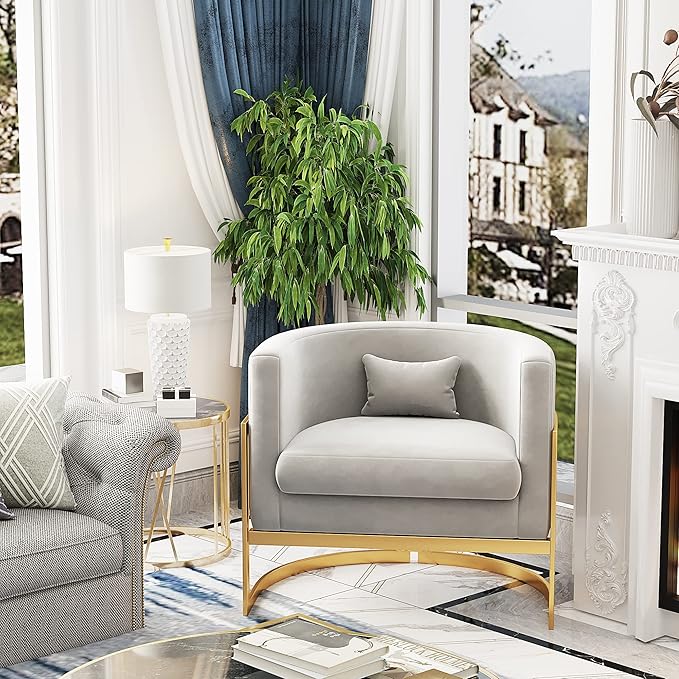 Velvet Accent Chair, Modern Barrel Chair Upholstered Armchair for Living Room Bedroom Single Sofa Chair Club Chairs Gray with Gold Legs