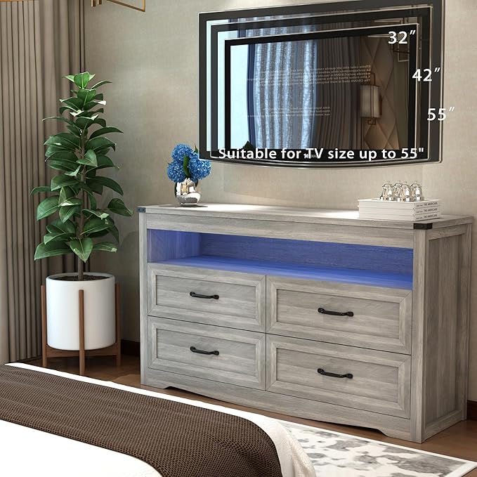 Grey Dresser for Bedroom, Wooden 4 Drawer Dresser with LED Light, Dressers & Chests of Drawers with Metal Handles, Storage and Organization for Bedroom, Hallway, Entryway, Gray