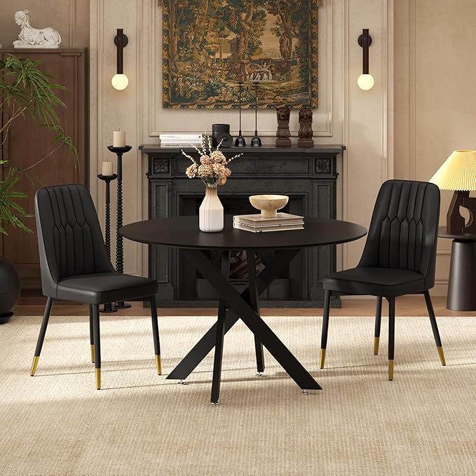 RGZ Mid Century Black Round Dining Table Set for 2, 36" Small Wooden Circle Kitchen Table & 2 Black PU Leather Kitchen Chairs, Dinner Table Set for Home, Apartment, Dining Room
