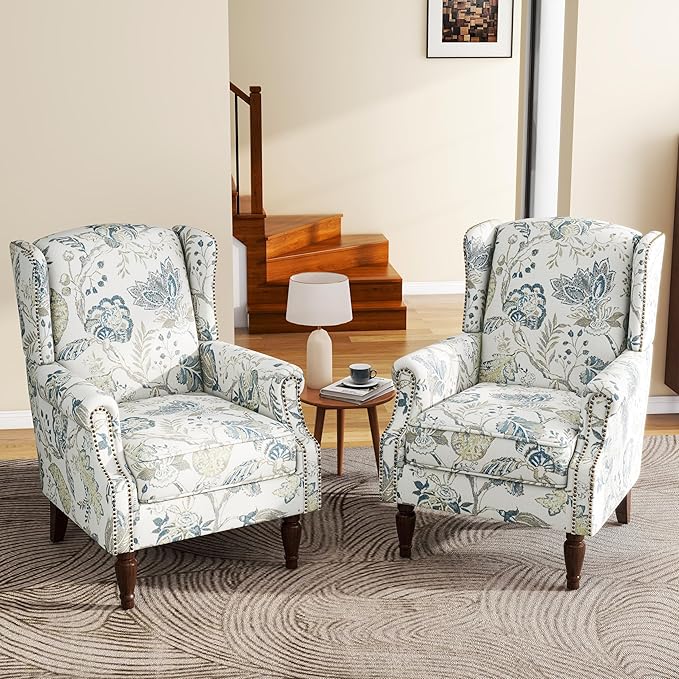 High Back Floral Accent Chairs Set of 2, Upholstered Armchair in Fabric, Retro Printed Wingback Arm Chair for Living Room, Nailhead Trim Single Sofa Bedroom Reading Seat - Plants Blue