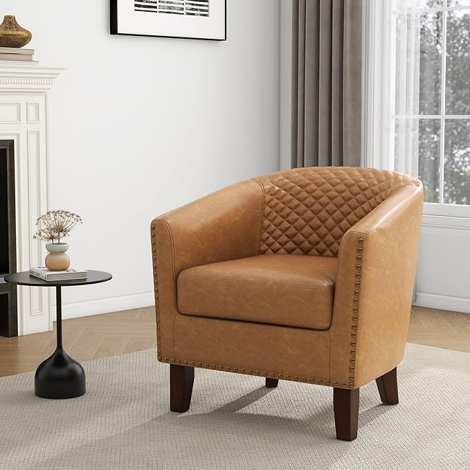 UIXE Faux Leather Barrel Accent Chair, Living Room Club Arm Chairs Modern Round Armchair Comfy Upholstered Single Sofa Reading Seat, Coffee/Light Brown