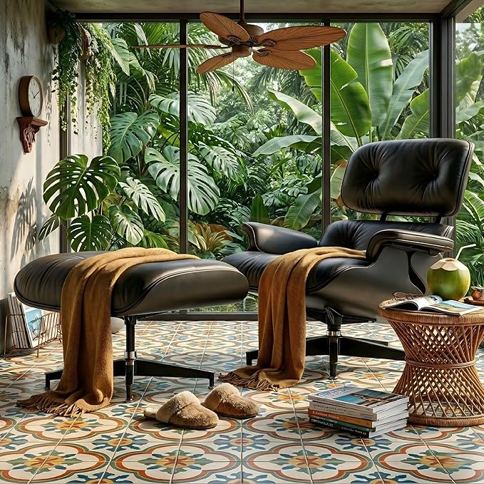 Mid Century Chaise Lounge Chair with Ottoman, Top Black Grain Leather, Modern Office Chair Classic Design, Heavy Duty Base Support for Living Room Study Lounge Office