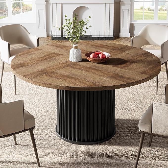 Tribesigns 47.24-Inch Black Round Dining Table for 4-6 People, Modern Fluted MDF + Metal Base Kitchen Table, Sturdy Circle Dining Room Furniture, Brown + Black