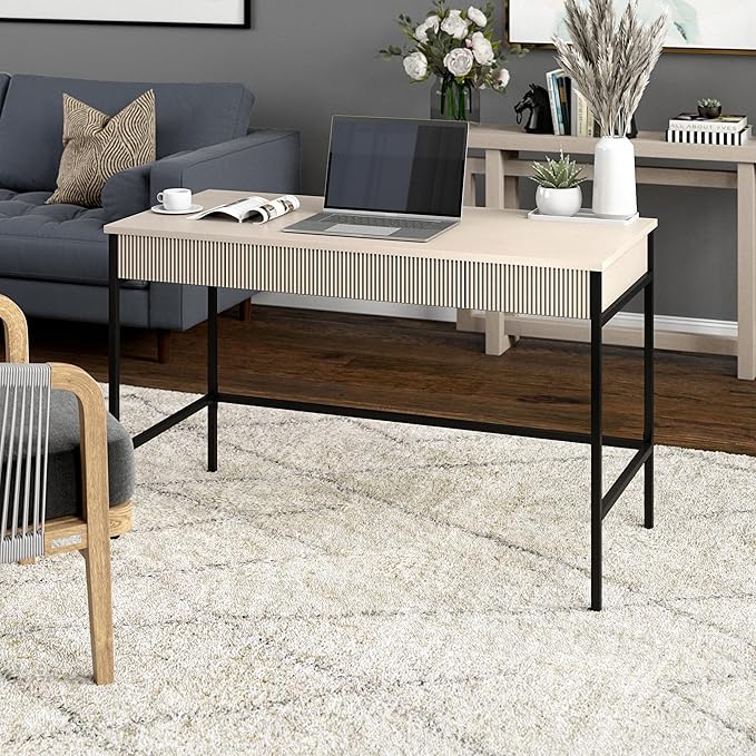 Henn&Hart 48" Fluted Mid-Century Modern Rectangular Wooden Home Office Desk Computer Desk Writing Table with 3 Ribbed Storage Drawers for Bedroom, Living Room, or Home Office, Beech White