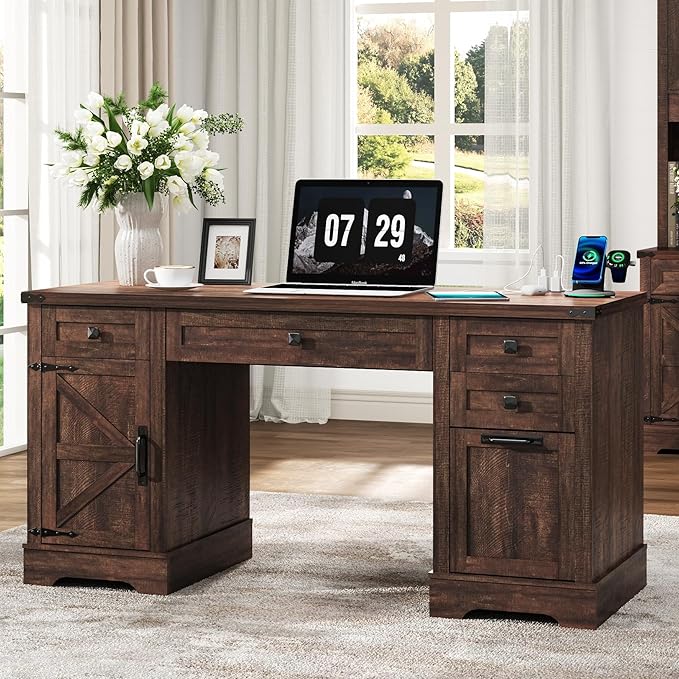 Squireewo 58'' Farmhouse Home Office Desk with Drawers, Wooden Executive Desk with Charging Station, File Drawers and Storage Cabinet, Computer Desk for Work, Study and Writing, Brown