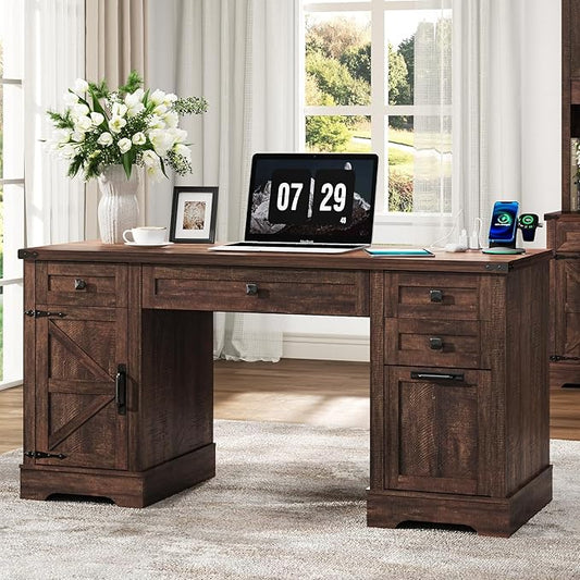 Squireewo 58'' Farmhouse Home Office Desk with Drawers, Wooden Executive Desk with Charging Station, File Drawers and Storage Cabinet, Computer Desk for Work, Study and Writing, Brown