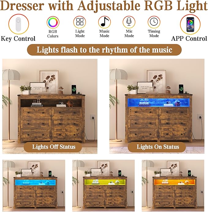 Brown Dresser 6 Drawer Dressers for Bedroom with LED Lights, Charging Station, Wood Chest of Drawers with Metal Handles, Modern TV Stand Storage Cabinet for Living Room, Hallway, Entryway