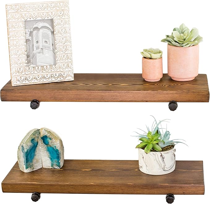 Floating Wall Shelf with Industrial Pipe Brackets, Solid Wood, Rustic Farmhouse Shelf, 24" x 7.5" x 1.5" (2, Dark Walnut)