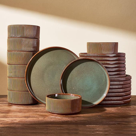 24-Piece Dinnerware Set Service for 8, Famiware Premium Stoneware Dish Set with Ribbed Plates and Deep Bowls, Double Reactive Glaze, Chip & Scratch Resistant, Microwave & Dishwasher Safe, Moss Cocoa