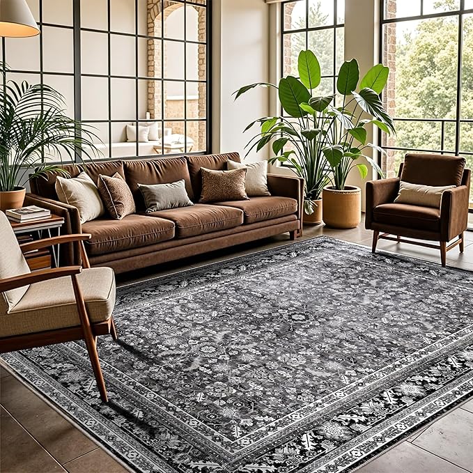 OPPODREAM Vintage Black Area Rugs 4x6, 4 x 6 Retro Washable Rug Non Slip, Low-Pile Faux Wool Carpet, Distressed Floor Mat for Living Room, Bedroom, Kitchen, Office, Dorm, Dinning Room
