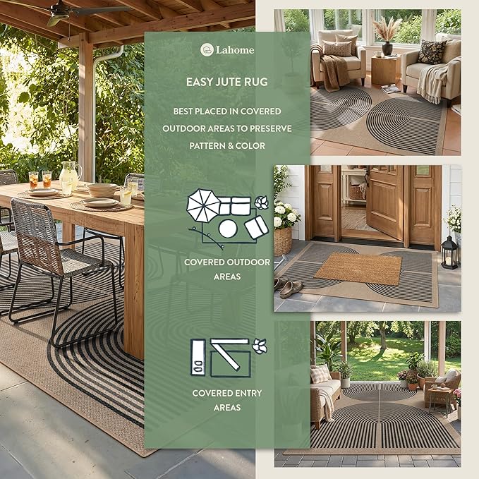 Lahome Modern Rainbow Easy Jute Rug, 3x5 Washable Rugs for Entryway Farmhouse Black Patio Carpet, Non Slip Indoor Door Mat Contemporary Outdoor Porch Carpet for Laundry Guestroom Room Decor