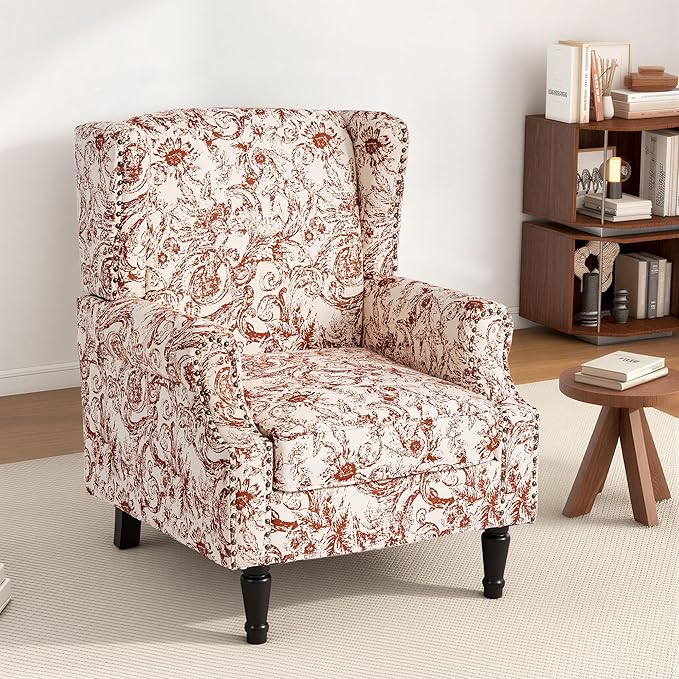 High Back Floral Accent Chair, Fabric Wingback Chair Upholstered Armchair for Living Room - Rococo Orange