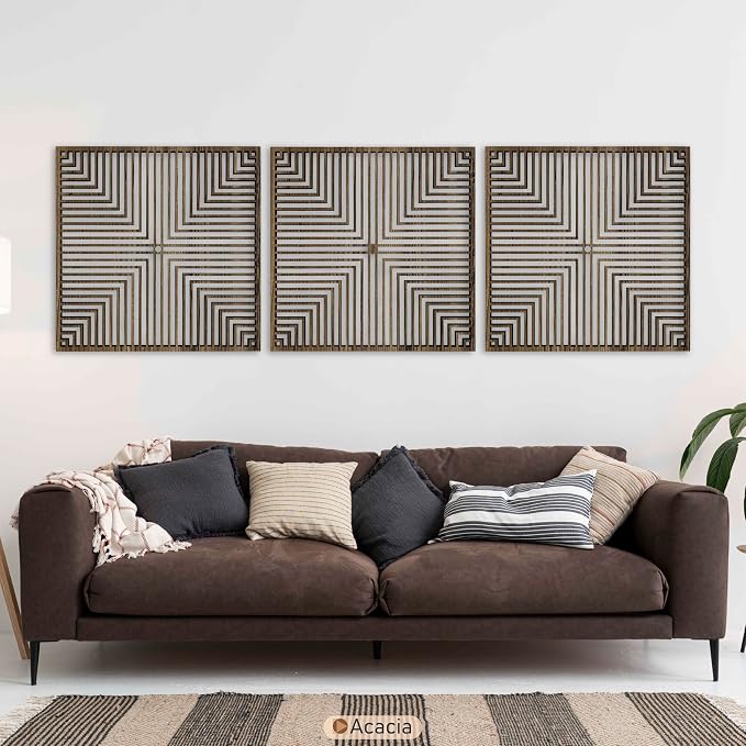 Geometric Square Wood Wall Art Large, Modern Art Deco Lines Wooden Wall Decor, Abstract Panels for Mid Century Style House, Home Gift for Living Room and Bedroom
