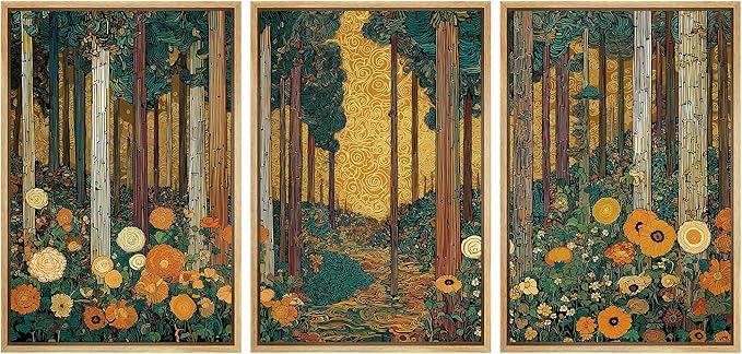 wall26 Framed Print Wall Art Set Klimt Style Sunlit Forest Vibrant Green and Gold Floral WoodlandDecorative Minimal Relax/Zen for Living Room, Bedroom, Office - 24"x36"x3 NATURAL