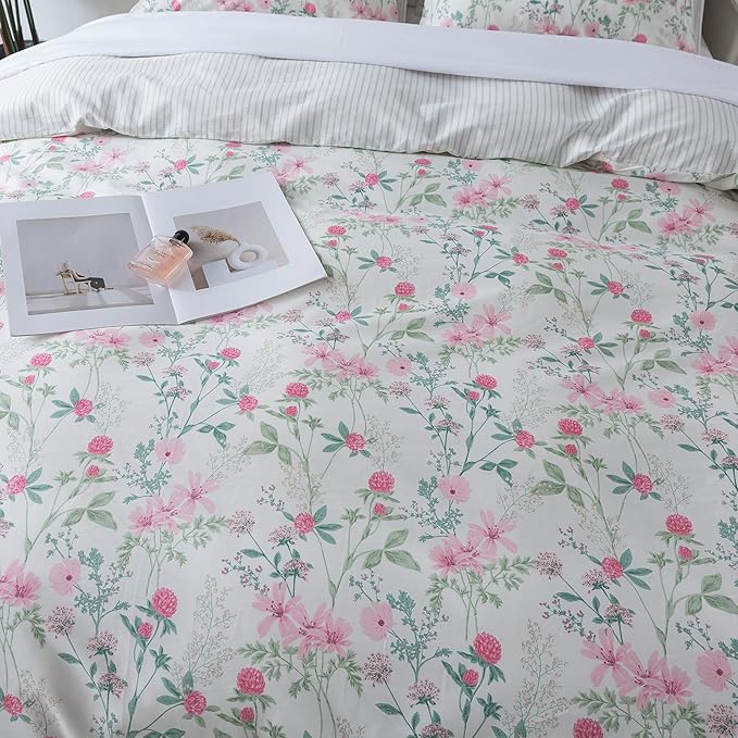 HoneiLife Duvet Dover Queen Size - 100% Cotton Comforter Cover, Breathable Bedlinen for Set for Queen Beds, 3-PC Wildflower Comforter Cover Sets, Fuchsia‌