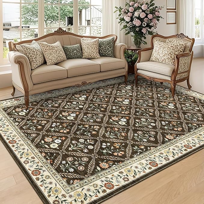 GarveeHome Large Entryway Rug 3x5 Floral Washable Area Rugs Vintage Soft Non-Slip Small Floor Carpet Doormat Stain Resistant Low-Pile Ultra-Thin Entry Mat for Bedside Kitchen Brown