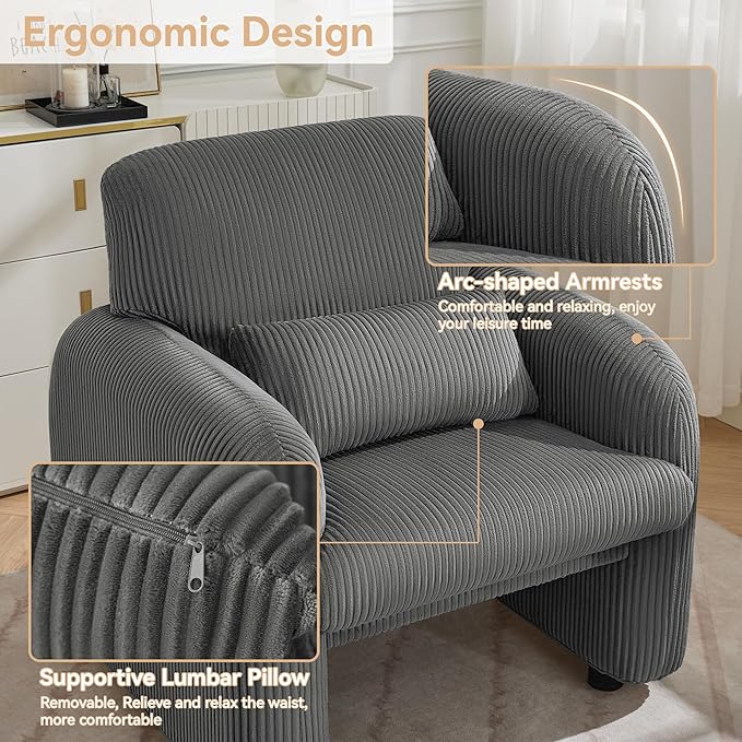 Corduroy Fabric Accent Chairs Set of 2, Modern Upholstered Living Room Chairs with Lumbar Pillow, Wide Comfy Leisure Armchair for Bedroom, Office, Reading, Grey