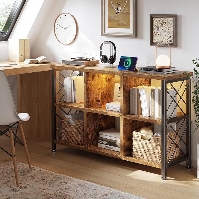 DurayLoly 6 Cube Storage Shelf with LED Light and Charging Station, Wood and Metal Cube Shelf as Long Horizontal Book Shelf for Bedroom Home Office, Rustic Brown