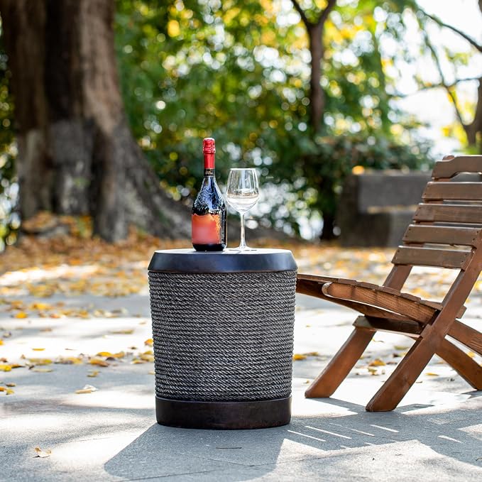 ø15.75'' Faux Concrete Cement Round Side Table End Table, Modern Contemporary Minimalist Retro Style, MGO Material for Indoor & Outdoor, No Assembly, Simulated Braided Cord, Dark Brown