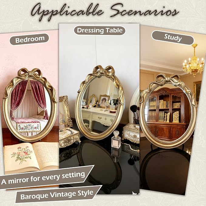 Vintage Vanity Desk Mirror - 13x10 Inch Wall-Mounted & Tabletop Decorative Ornate Champagne Gold Accent Retro Makeup Mirror for Bedroom Dresser Bathroom Living Room Dorm Oval