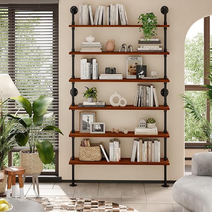 6 Tier Industrial Ladder Shelf Bookcase, Wall Mounted Rustic Bookshelf for Living Room Decor and Storage (Walnut Color, 6 Tier - 10" D x 48" W x 82.5" H)