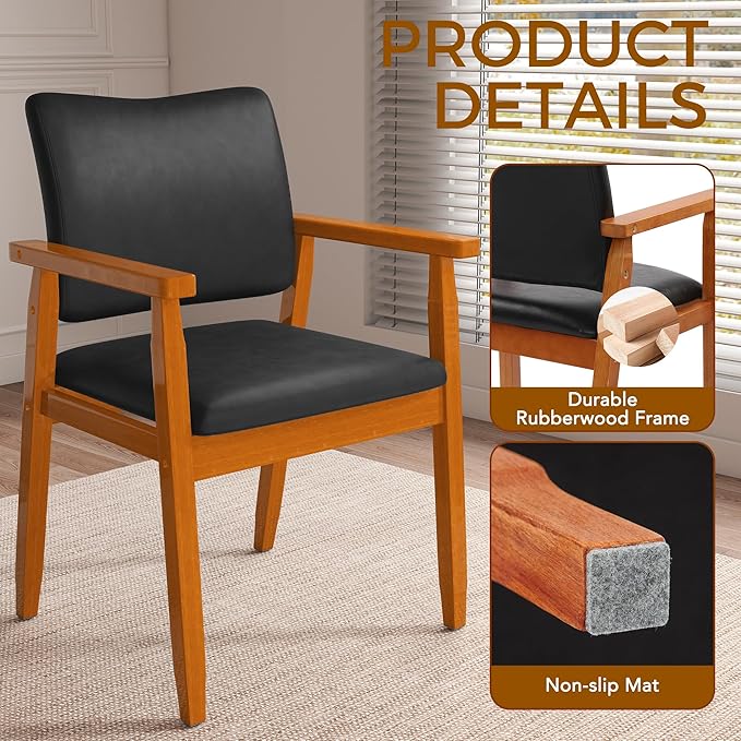 Dining Chairs with Arms Set of 2, Wood Frame Faux Leather Kitchen Chairs, Comfortable Upholstered Accent Chairs for Kitchen, Dining Room,and Living Room(Black)