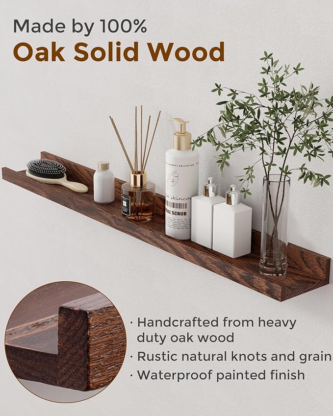 Axeman Oak Picture Ledge Shelf, 36 Inch Floating Shelves Set of 2, Solid Oak Wood Wall Shelves with Lip, Wall Decor Storage for Bedroom Living Room Bathroom Kitchen Nursery Photo Picture, Walnut
