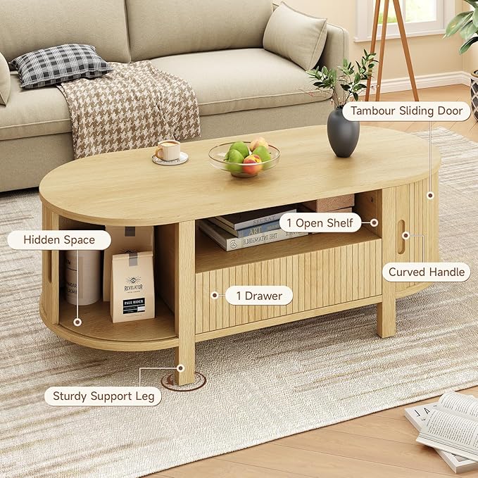 ONBRILL 47.2 Inch Oval Coffee Table with Storage, Mid Century Modern Coffee Table with Drawer, Center Table with Sliding Door and Wood Fluted Handle for Living Room, Oak