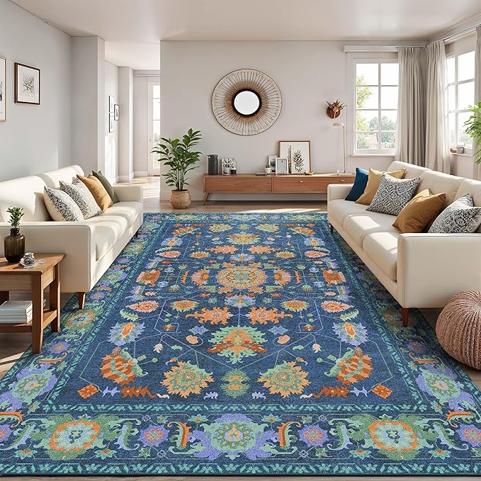Kokia 9x12 Area Rugs Living Room Washable Non Slip Low Pile Vintage Oushak Stain Resistant Soft Large Oriental Rugs for Bedroom, Dining Room, Kitchen, Indoor Leisure Rooms, Nova Peacock