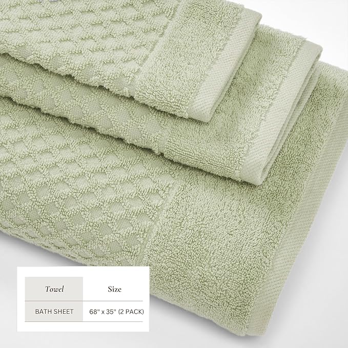 Great Bay Home Oversized Bath Sheets - 100% Cotton 2 Pack 68x35 Extra Large Towel - Absorbent, Durable, Quick-Dry Towels for Bathroom (Pale Green)