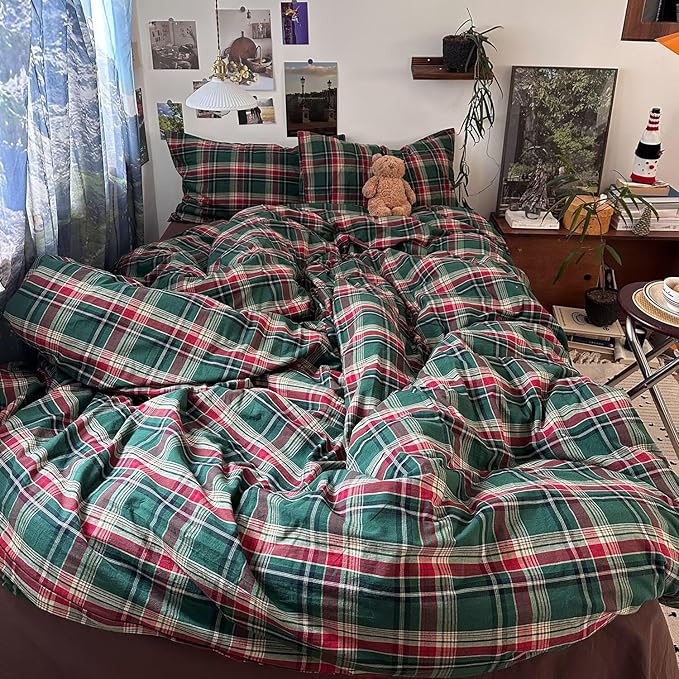 mixinni Vintage Green Buffalo Plaid Washed Cotton Duvet Cover Queen - Soft Breathable Textured Bedding Set with Zipper Closure for All Seasons-1 Duvet Cover + 2 Pillow Shams-Queen Size