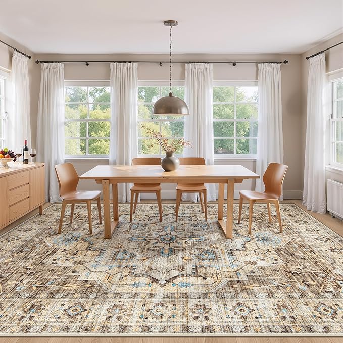 Area Rug 9x12 Vintage Rug: Large Washable Indoor Medallion Rugs Low Pile Distressed Floor Carpet Retro Accent Rug for Living Room Bedroom Kitchen Dining Table Home Office(Brown/Blue, 9'x12')