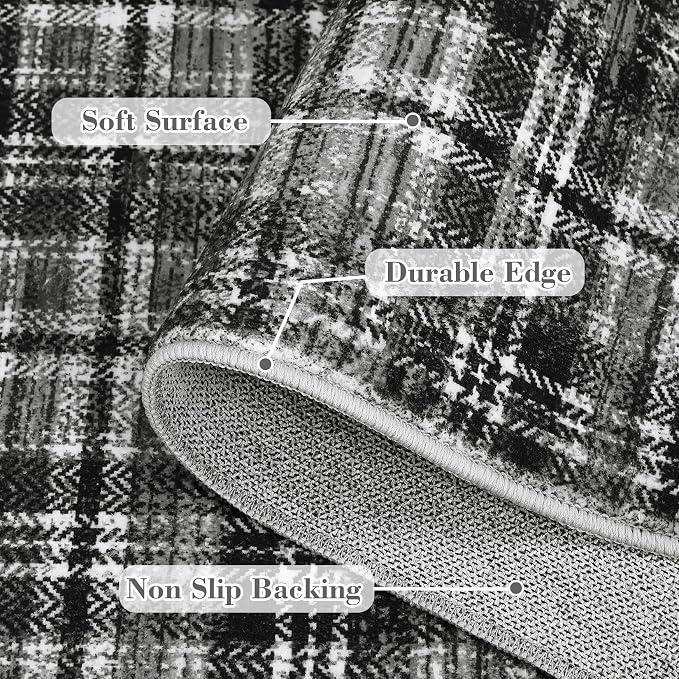 Tartan Plaid Washable Round Rugs 4ft, Non-Slip Soft Ultra-Thin, Small Round Rug Circle Stain Resistant Low Pile Carpet for Entryway Kitchen Bedroom Nursery Bathroom, Black